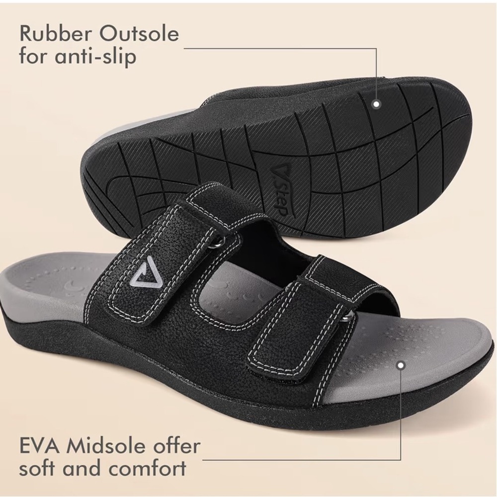 V Step Orthopedic Slides Womens Size 10 Mens 9 Black Adjustable Arch Support New - Picture 5 of 7